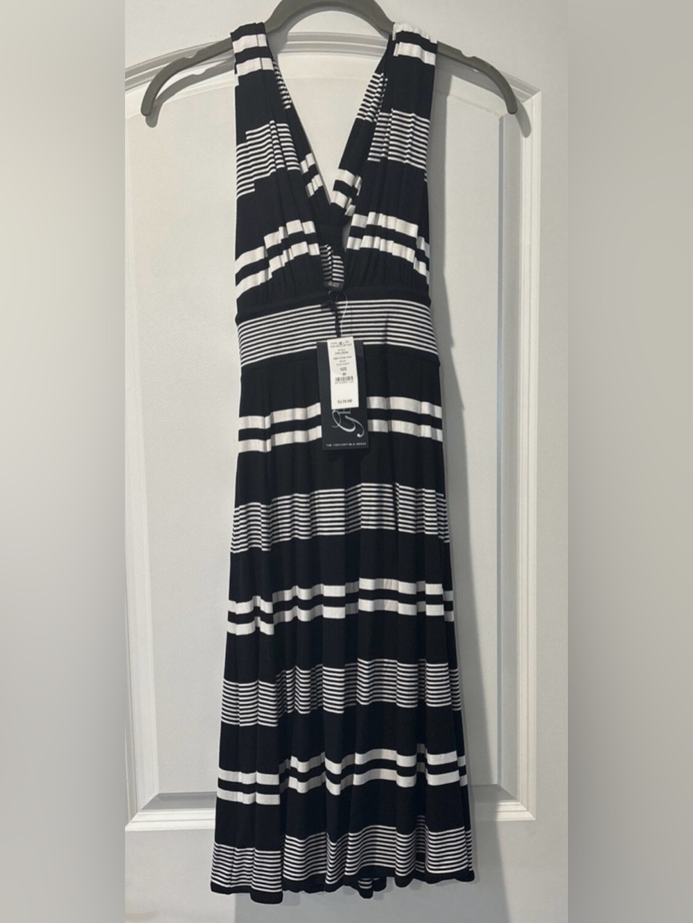 White House Black Market Black and White Striped V-Neck Midi Dress